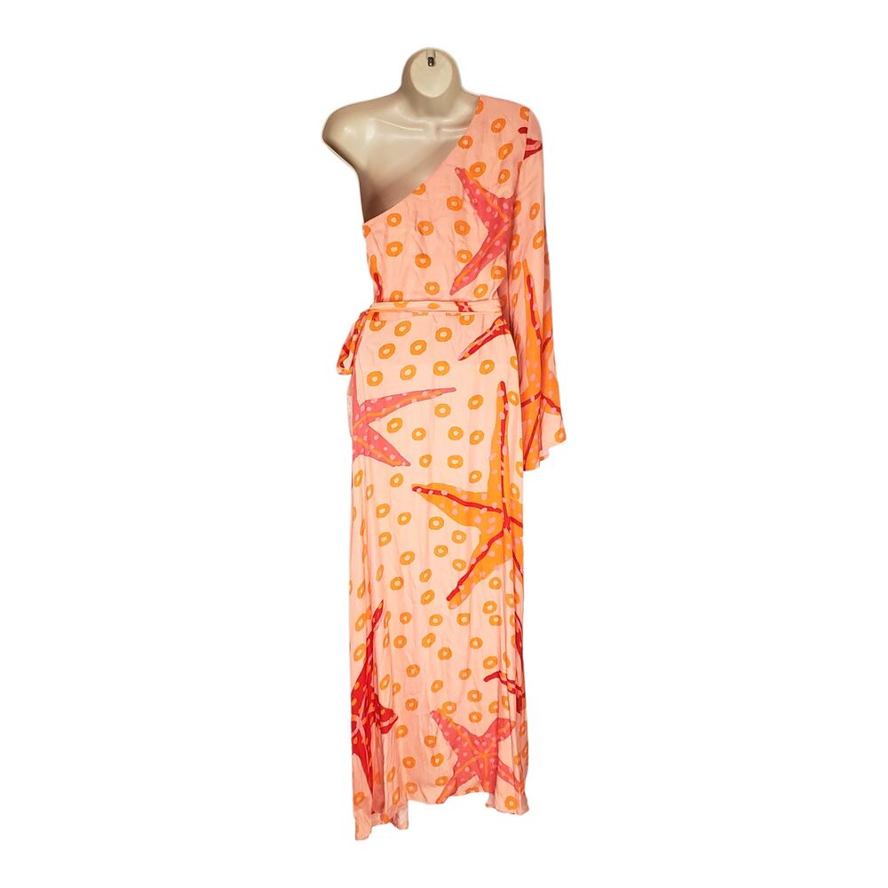Farm Rio Anthropologie One Shoulder Starfish Maxi Dress Orange Pink Size Large - Picture 4 of 11